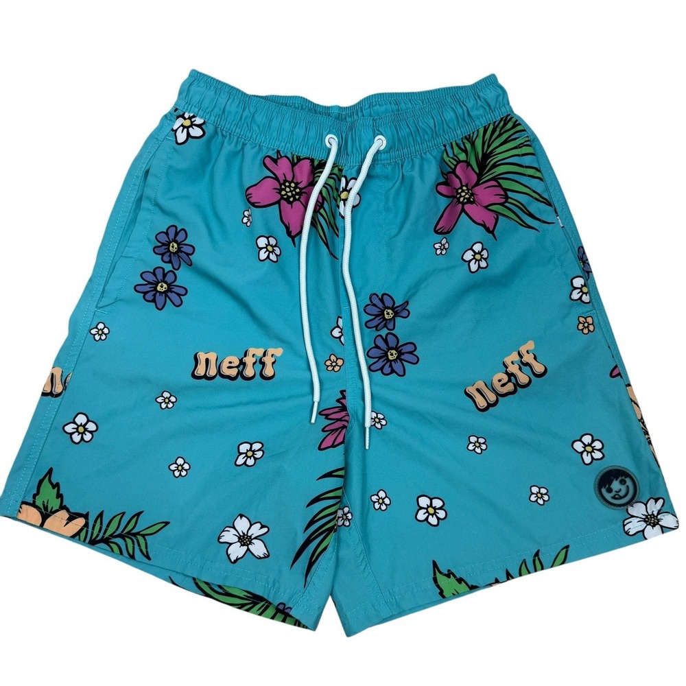 Neff Mens Swim Trunks Shorts Blue Floral‎ Print Elastic Waist Drawstring Size M